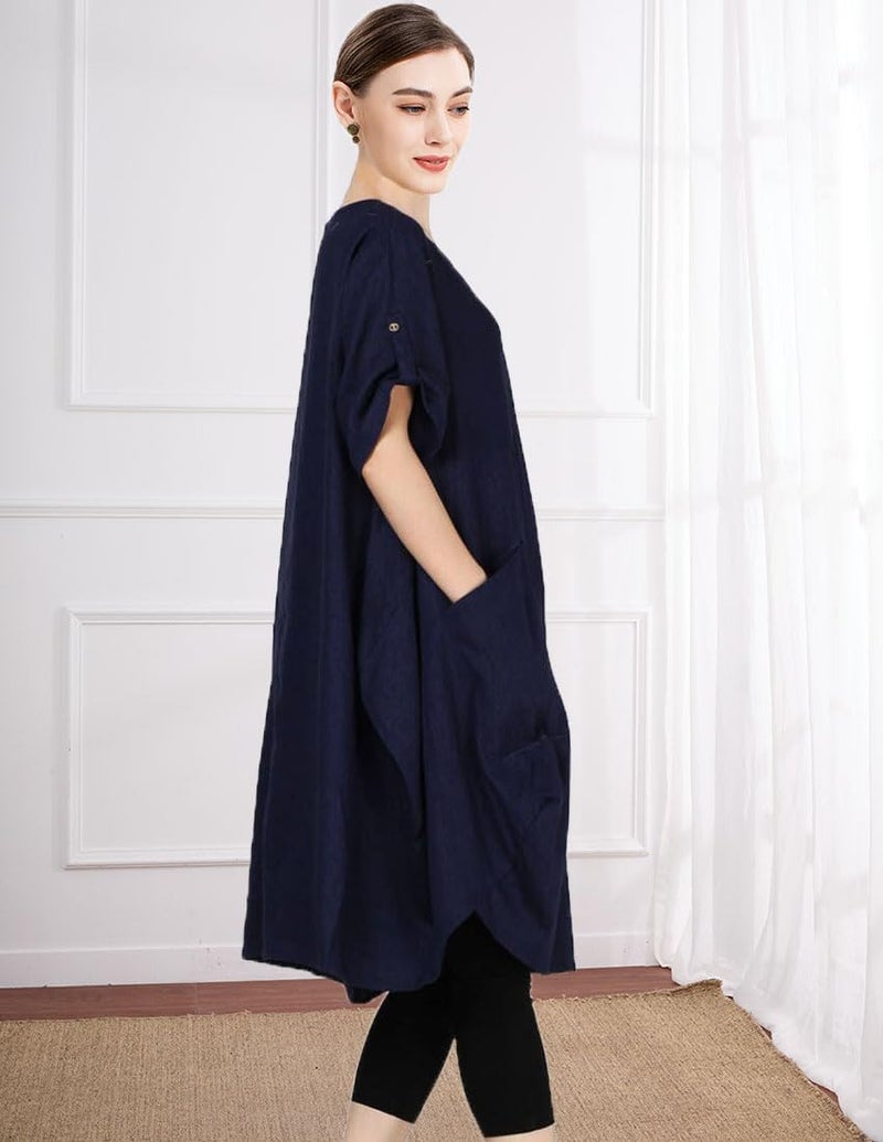 Minibee Women's Ruffle Oversize Casual Midi Dresses with Pockets Navy Blue M - Image 2